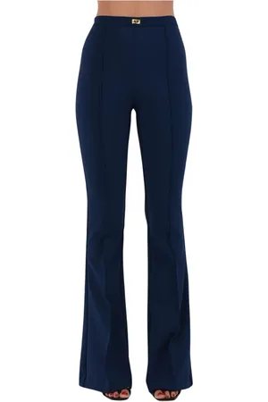 Elisabetta Franchi Femme, Pantalons, Bleu, Taille: 44 FR Pantalon évasé en crêpe avec plaque logo