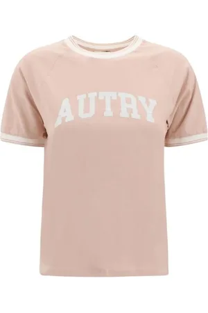 Autry Femme, Tops, Rose, Taille: 36 FR T-shirt col rond côtelé avec Monogramme