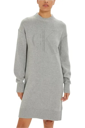 Calvin Klein Femme, Robes, Gris, Taille: 36 FR Robe Grise en Laine Mélangée Col Rond