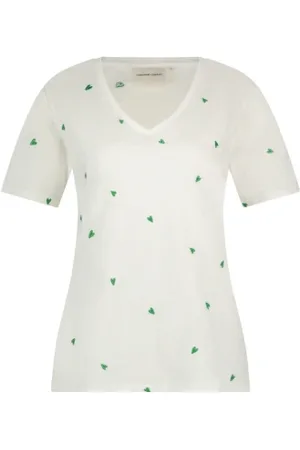 Fabienne Chapot Femme, Tops, Blanc, Taille: 36 FR T-shirt col V Cœur Vert Brodé