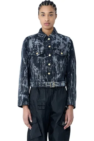 Ganni Femme, Vestes, Bleu, Taille: 34 FR Veste en Denim Imprimé avec Ceinture