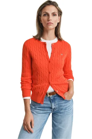 GANT Femme, Pulls, Rouge, Taille: 38 FR Cardigan en coton slim fit avec motif torsadé