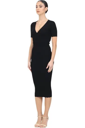 Elisabetta Franchi Femme, Robes, Noir, Taille: 40 FR Robe Midi Noire Maille Côtes Col V