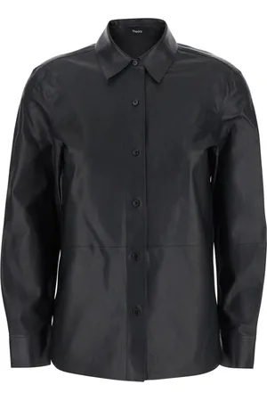 THEORY Femme, Vestes, Noir, Taille: 36 FR Veste en Cuir Noir Col Classique Bouton