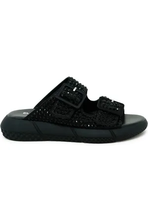 Elena Iachi Femme, Chaussures, Noir, Taille: 40 EU Sandales Plates en Cuir Noir avec Swarovski