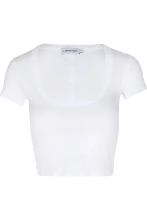 Calvin Klein Femme, Tops, Blanc, Taille: 38 FR T-shirt côtelé en coton à manches courtes
