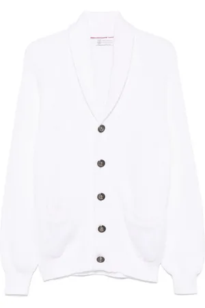 Brunello Cucinelli Homme, Pulls, Blanc, Taille: 2XL Pull Blanc à Revers Châle