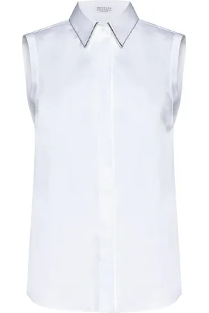 Brunello Cucinelli Femme, Blouses et Chemises, Blanc, Taille: 38 FR Chemise sans manches à bordure de perles blanche