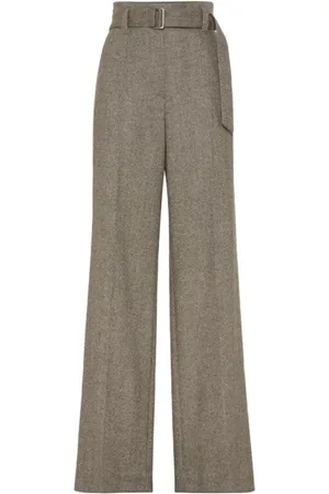 Brunello Cucinelli Femme, Pantalons, Brun, Taille: 40 FR Pantalon Large Corset en Laine Techno Chevron