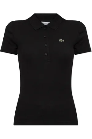 Lacoste Femme, Tops, Noir, Taille: 42 FR Polo Côtelé avec Patch Logo