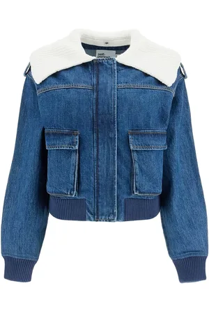 Self-Portrait Femme, Vestes, Bleu, Taille: 40 FR Blouson en denim avec col côtelé