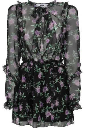 Msgm Femme, Robes, Noir, Taille: 38 FR Mini Robe Imprimée Florale avec Volants