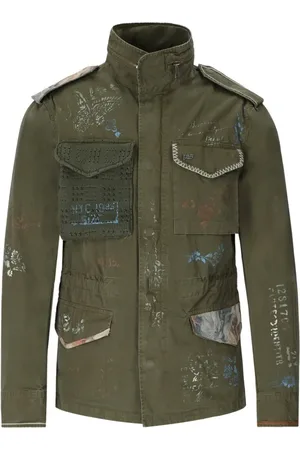 BOB der Bär Homme, Vestes, Vert, Taille: M Veste militaire verte armée avec inscriptions peintes à la main