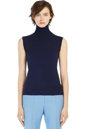 Sportmax Femme, Tops, Bleu, Taille: 40 FR Pull Col Roulé Sans Manches en Laine