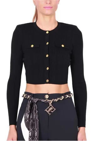 Elisabetta Franchi Femme, Pulls, Noir, Taille: 42 FR Cardigan Court en Maille Côtelée