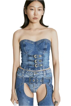 Guess Femme, Tops, Bleu, Taille: 36 FR Bustier en denim avec détails de boucles