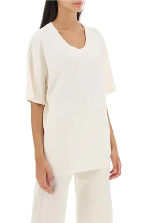 LEMAIRE Femme, Tops, Blanc, Taille: 36 FR T-shirt oversize en coton avec col rond micro-côtelé