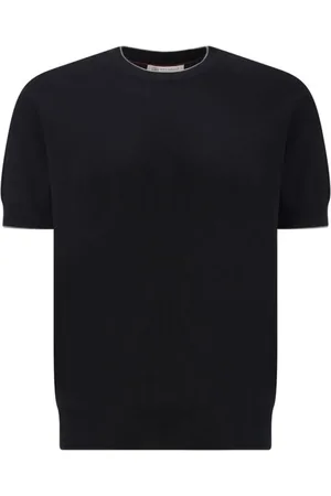 Brunello Cucinelli Homme, Tops, Noir, Taille: M T-Shirt en Coton à Col Ras du Cou Côtelé