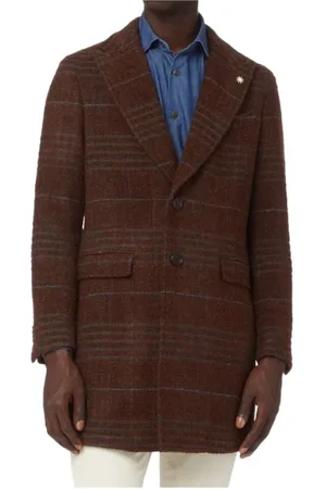 Manuel Ritz Homme, Manteaux, Brun, Taille: M Manteau à Carreaux de Longueur Moyenne à Boutons