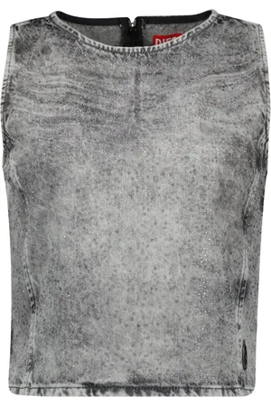 Diesel Femme, Tops, Gris, Taille: 38 FR Top sans manches en denim avec strass