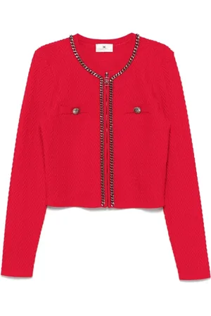 Elisabetta Franchi Femme, Pulls, Rouge, Taille: 38 FR Pull Zippé Col Ras du Cou en Maille Chevrons Crimson