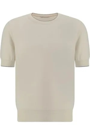 Brunello Cucinelli Homme, Pulls, Blanc, Taille: S T-Shirt Col Rond Contrastant à Côtes