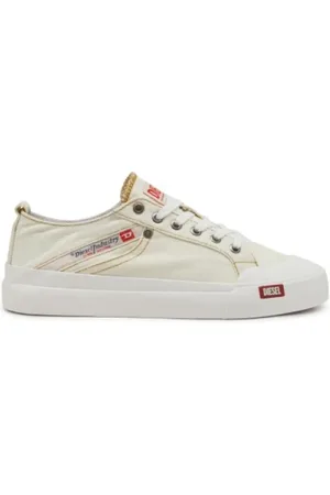 Diesel Femme, Chaussures, Blanc, Taille: 39 EU Baskets en denim avec surpiqûres tabac
