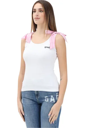 GAËLLE Femme, Tops, Blanc, Taille: 36 FR Débardeur Blanc Côtelé avec Nœuds aux Épaules