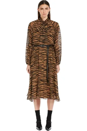 Max Mara Femme, Robes, Brun, Taille: 38 FR Robe Longue en Soie à Imprimé Animal