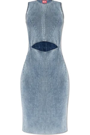 Diesel Femme, Robes, Bleu, Taille: 40 FR Robe Moulante Sans Manches en Maille Côtelée