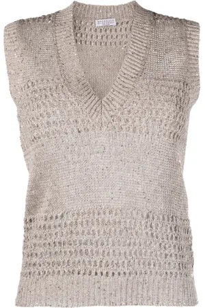 Brunello Cucinelli Femme, Pulls, , Taille: 40 FR Gilet en maille à sequins et col en V