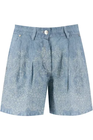 ERMANNO SCERVINO Femme, Shorts, Bleu, Taille: 36 FR Short en lin motif denim et dentelle florale