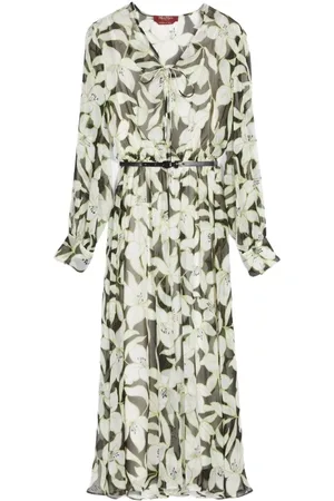 Max Mara Femme, Robes, Vert, Taille: 34 FR Robe Midi en Mousseline de Soie à Imprimé Floral