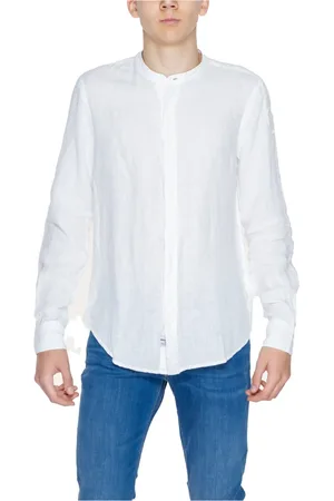 Blauer Homme, Chemises, Blanc, Taille: XL Chemise en Lin Blanc à Col Mao