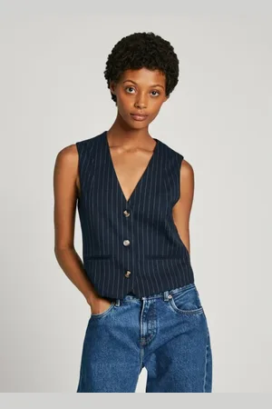 Pepe Jeans Femme, Vestes, Bleu, Taille: 42 FR Gilet Diana avec col en V et imprimé à rayures