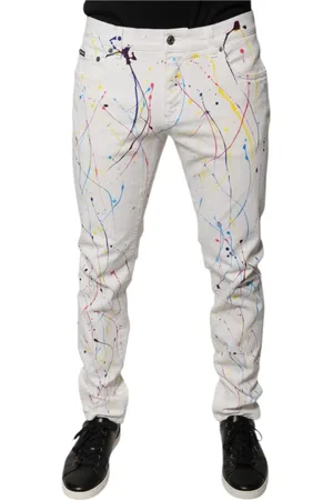 Dolce & Gabbana Homme, Jeans, Blanc, Taille: M Jean Skinny Blanc avec Éclaboussures de Couleur