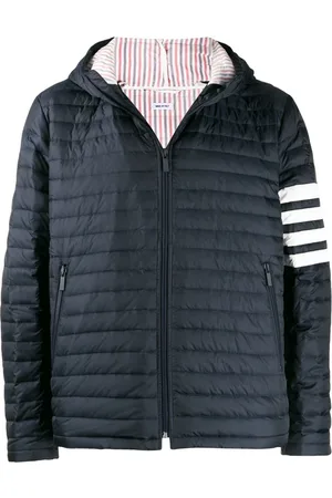 Thom Browne Homme, Vestes, Bleu, Taille: M Doudoune Bleue en Plumes avec Bande 4-Barres