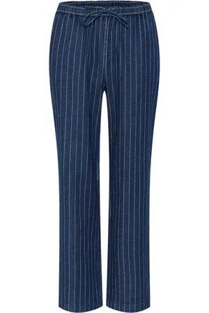Part Two Femme, Pantalons, Bleu, Taille: 46 FR Pantalon Rayé en Denim Foncé avec Taille Élastique