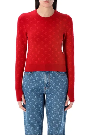 Marine Serre Femme, Pulls, Rouge, Taille: 40 FR Pull Ajusté en Maille Jacquard Lune