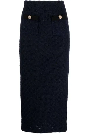 Self-Portrait Femme, Jupes, Bleu, Taille: 42 FR Jupe midi bleu marine en maille gaufrée avec boutons dorés