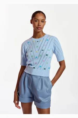 Essentiel Antwerp Femme, Pulls, Bleu, Taille: 38 FR Cardigan col en V avec boutons en strass