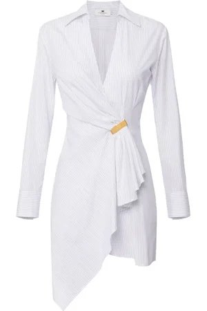 Elisabetta Franchi Femme, Robes, Blanc, Taille: 42 FR Robe en Popeline de Coton Rayée avec Ligne Chemise