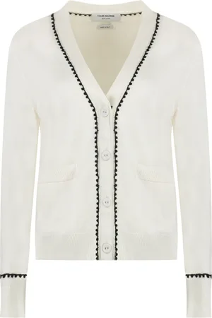 Thom Browne Femme, Pulls, Blanc, Taille: 36 FR Cardigan en Soie et Coton avec Garnitures