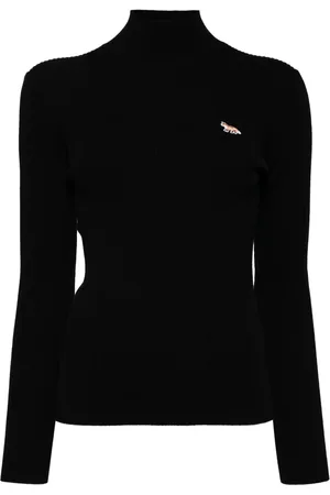 Maison Kitsuné Femme, Pulls, Noir, Taille: 38 FR Pull Col Roulé Côtelé avec Patch Renard