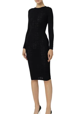 Elisabetta Franchi Femme, Robes, Noir, Taille: 38 FR Robe Midi Noire à Logo et Manches Longues