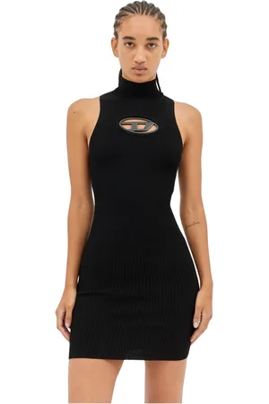 Diesel Femme, Robes, Noir, Taille: 42 FR Mini-robe côtelée avec plaque logo