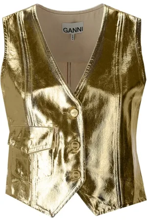 Ganni Femme, Vestes, Jaune, Taille: 36 FR Gilet en Denim Doré avec Effet Laminé