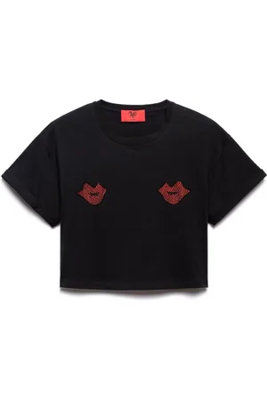ANIYE BY Femme, Tops, Noir, Taille: 34 FR T-shirt Court Noir Kiss avec Strass