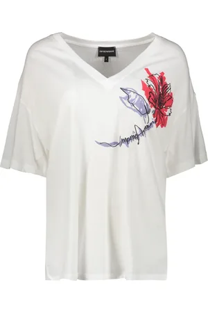 Emporio Armani Femme, Tops, Blanc, Taille: 38 FR T-shirt à Imprimé Floral avec Logo au Dos