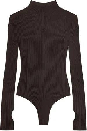 Courrèges Femme, Tops, Brun, Taille: 36 FR Body côtelé marron à col montant